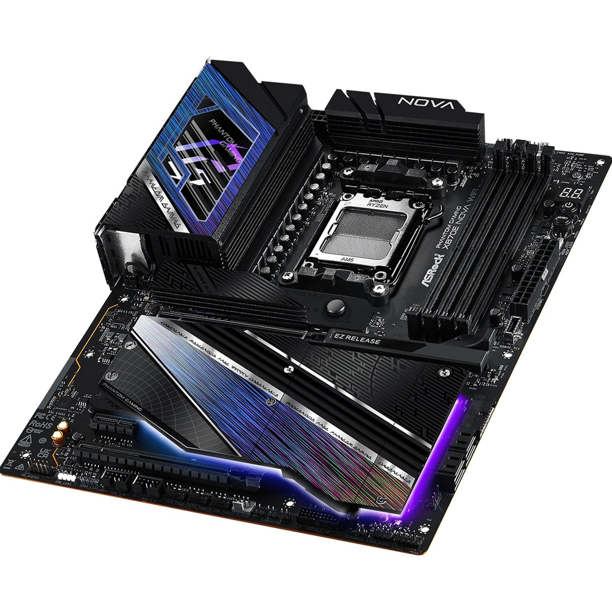 ASRock X870E NOVA WIFI PHANTOM GAMING AMD AM5 Socket Motherboard, ATX, 4x DDR5 Slots, 5x M.2 Sockets, Fitted I/O Shield, 5GbE LAN, Wi-Fi 7, 1x HDMI Port / 2x USB-C (USB4)