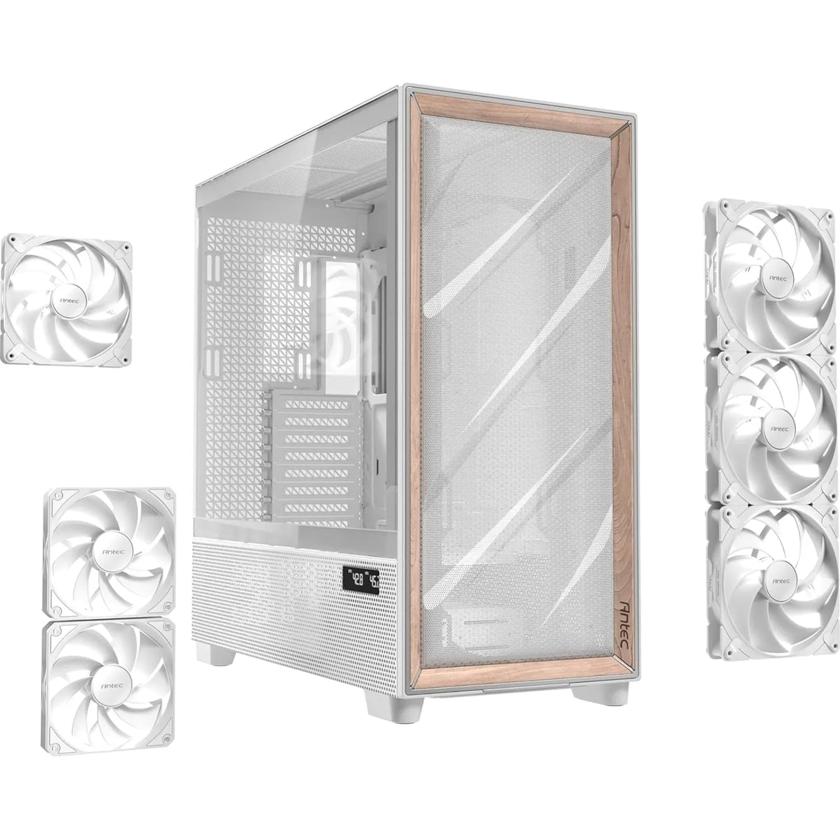 Antec Flux PRO Full Tower PC Case with Tempered Glass, White/Wood, 6 Pre-Installed Fans, USB Type-C, E-ATX/ATX/mATX/mITX Compatibility