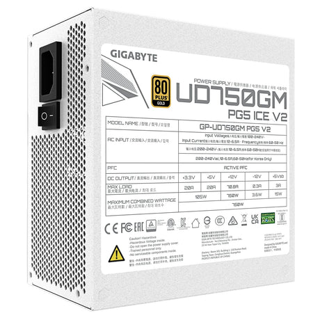 GIGABYTE GP-UD750GM 750W V2 ICE, 80 Plus Gold Certified Fully Modular Power Supply, PCIe Gen 5.1, 80 PLUS Gold, Fully Modular Design, 120mm Fan, ATX 3.1 compatible, UK Plug
