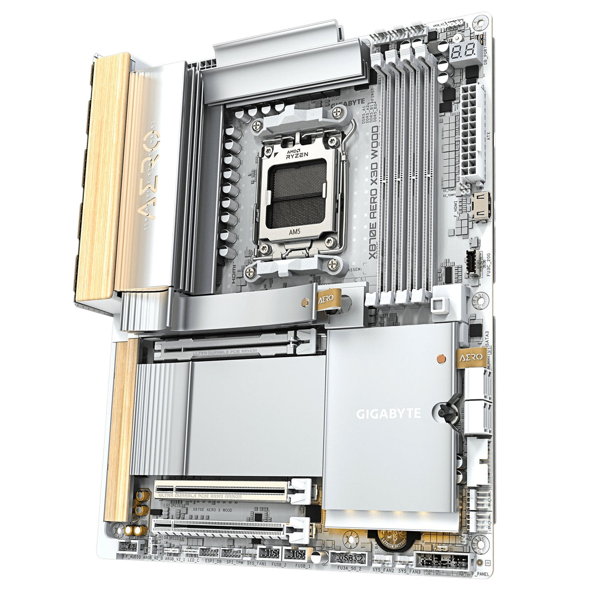 Gigabyte X870E AERO X3D WOOD AMD AM5 Socket Motherboard, ATX, 4x DDR5 Slots, 4x M.2 Sockets, Fitted I/O Shield, 2x 5GbE LAN, Wi-Fi 7, 1x HDMI Port / 2x USB-C (USB4)