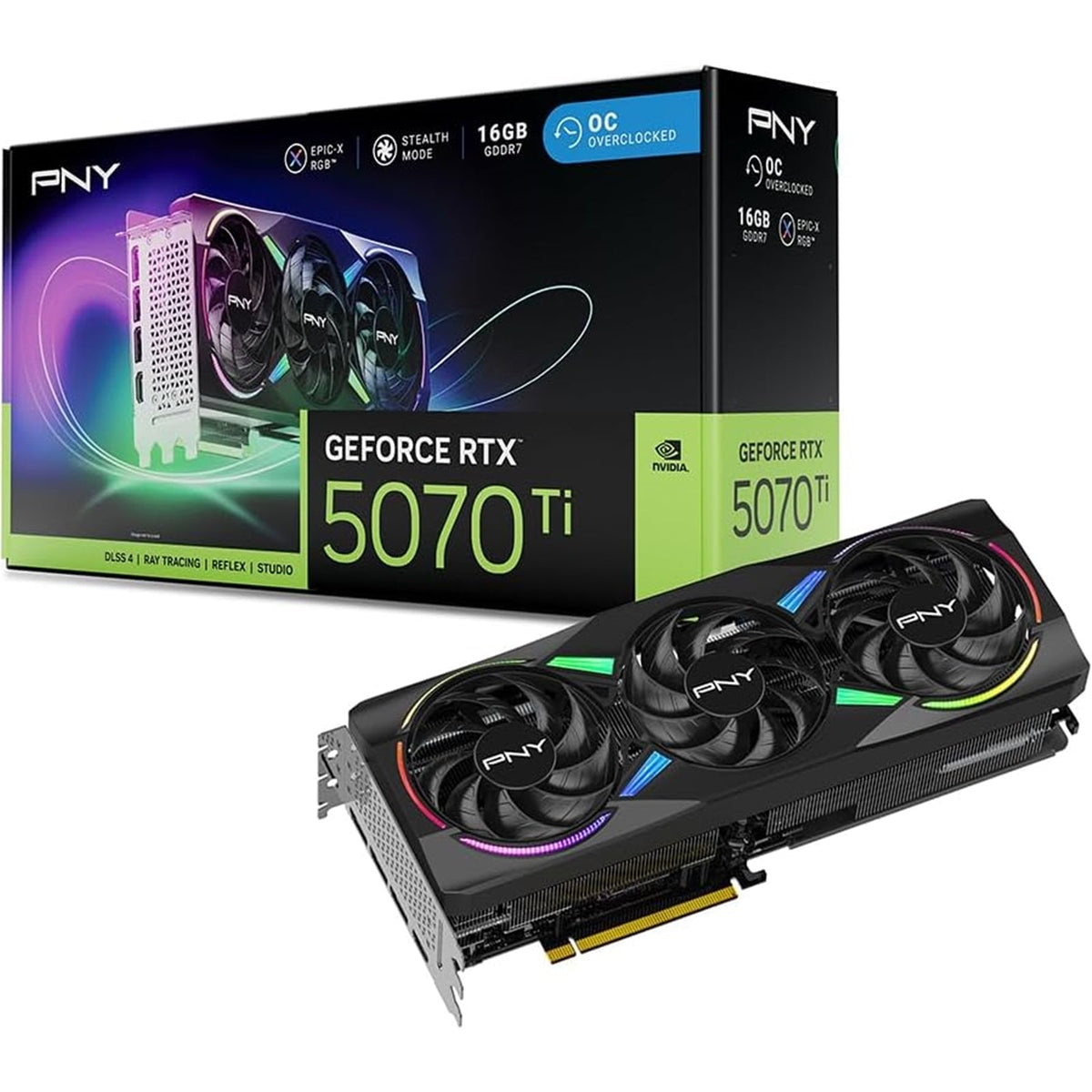 PNY NVIDIA GEFORCE RTX 5070Ti ARGB Epic-X RGB OC16GB, GDDR7 Graphics Card, 8960 Cuda Cores, 2295 MHz Core Clock, Triple Fan, 3 x Display Ports/ 1 x HDMI Port