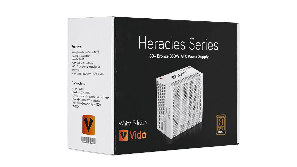 VIDA 850W Heracles White ATX 3.1 Gaming PSU, 80+ Bronze, 140mm Ultra-Quiet FDM Fan, Flat White Cables, PCIe 5.1, Power Lead Not Included power supply unit 24-pin ATX